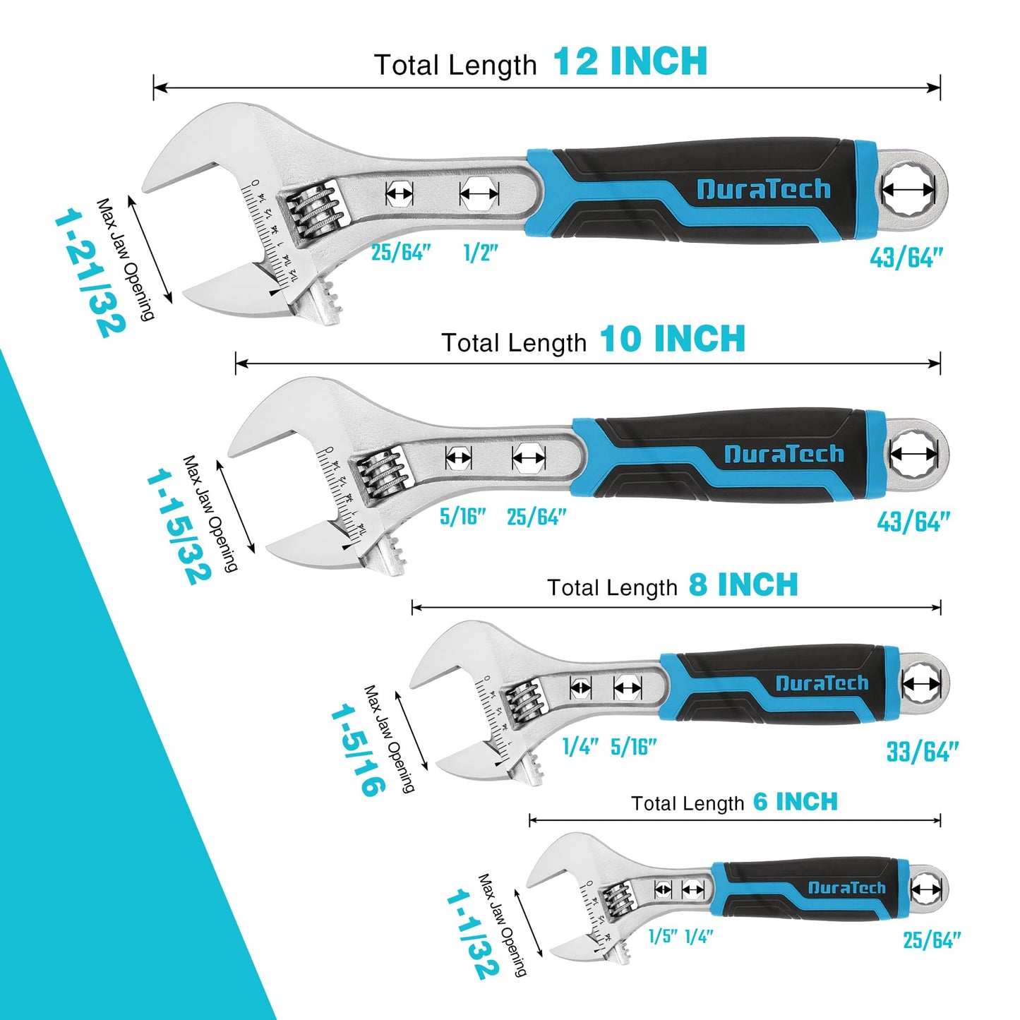 DURATECH 4-Piece Adjustable Wrench Set, 6-inch, 8-inch, 10-inch, 12-inch, 3-in-1 Spanner with Box End/Hex Function, CR-V Steel, Chrome-plated, Bi-material soft Grip, with Rolling Bag