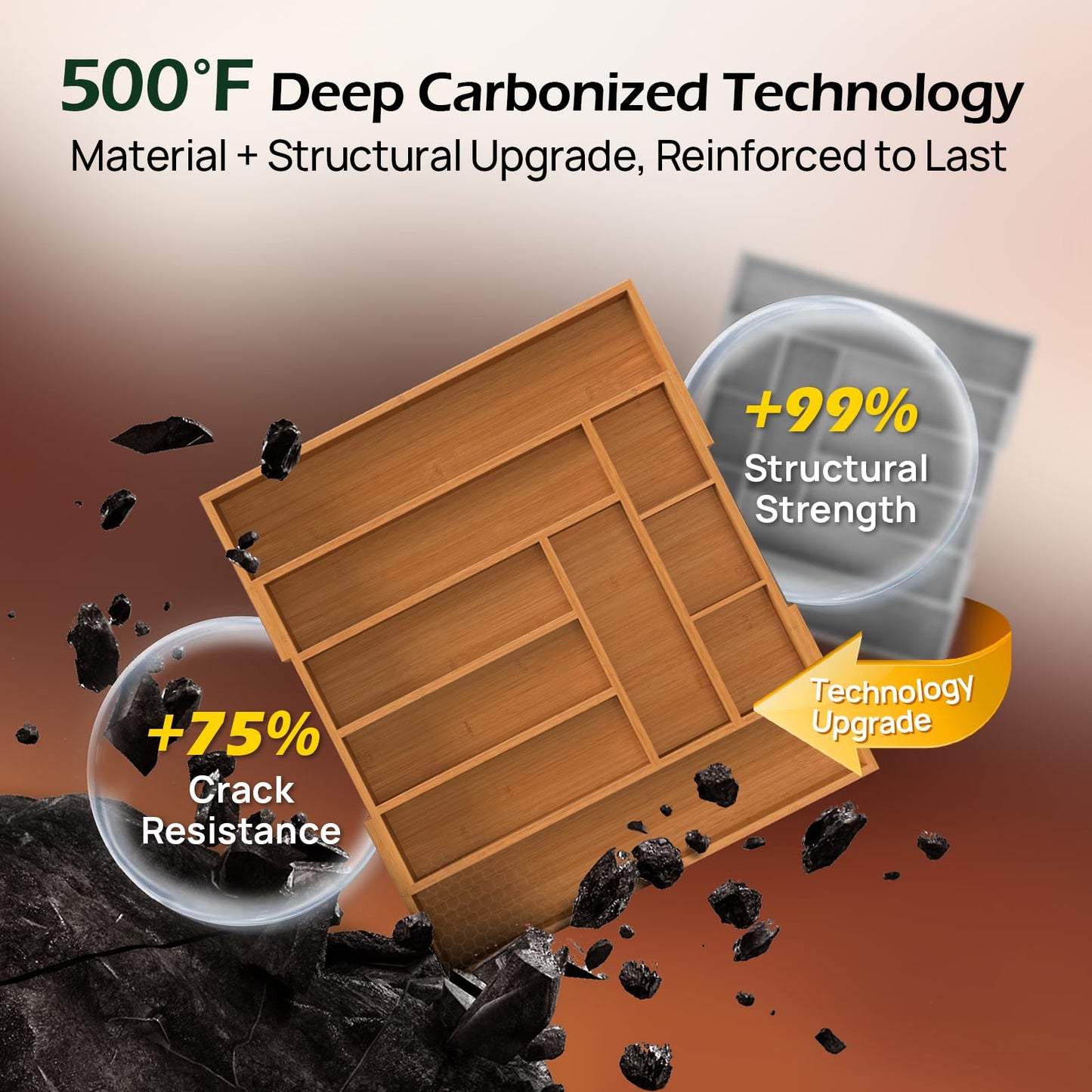 keechee Carbonized Bamboo Kitchen Drawer Organizer, 8-10 Slots Expandable Silverware Organizer, Utensil Holder & Cutlery Tray, 2.2" Deep for Extra Capacity, Non-Slip Feet Included.