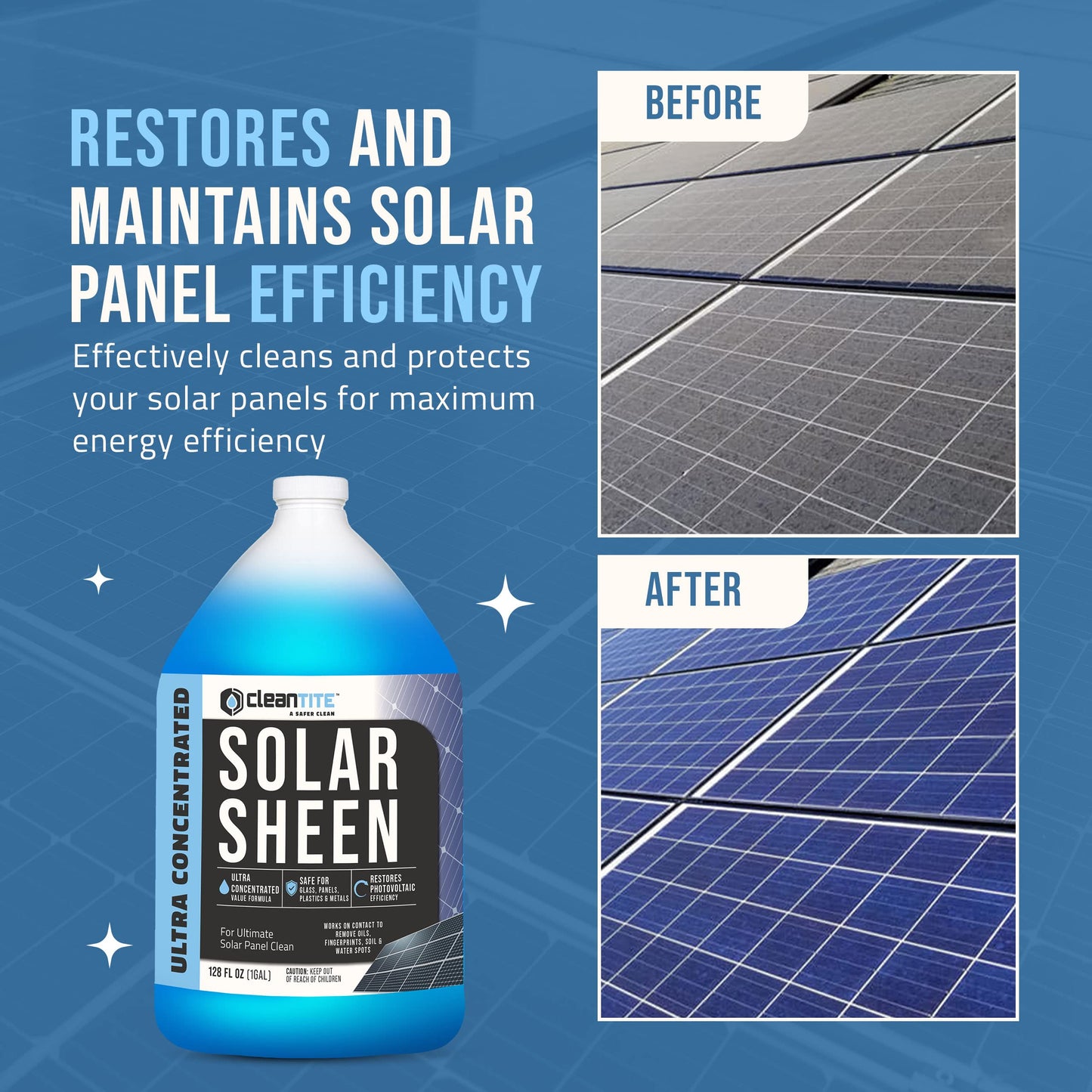 CLEANTITE Solar Panel Cleaner 1 Gallon (Makes 512 G) - Super Concentrated Cleaning Solution for Glass, Metal, Wood & Plastic - Remove Oil, Fingerprint & Water Spots - Multipurpose Solar Panel Cleaning