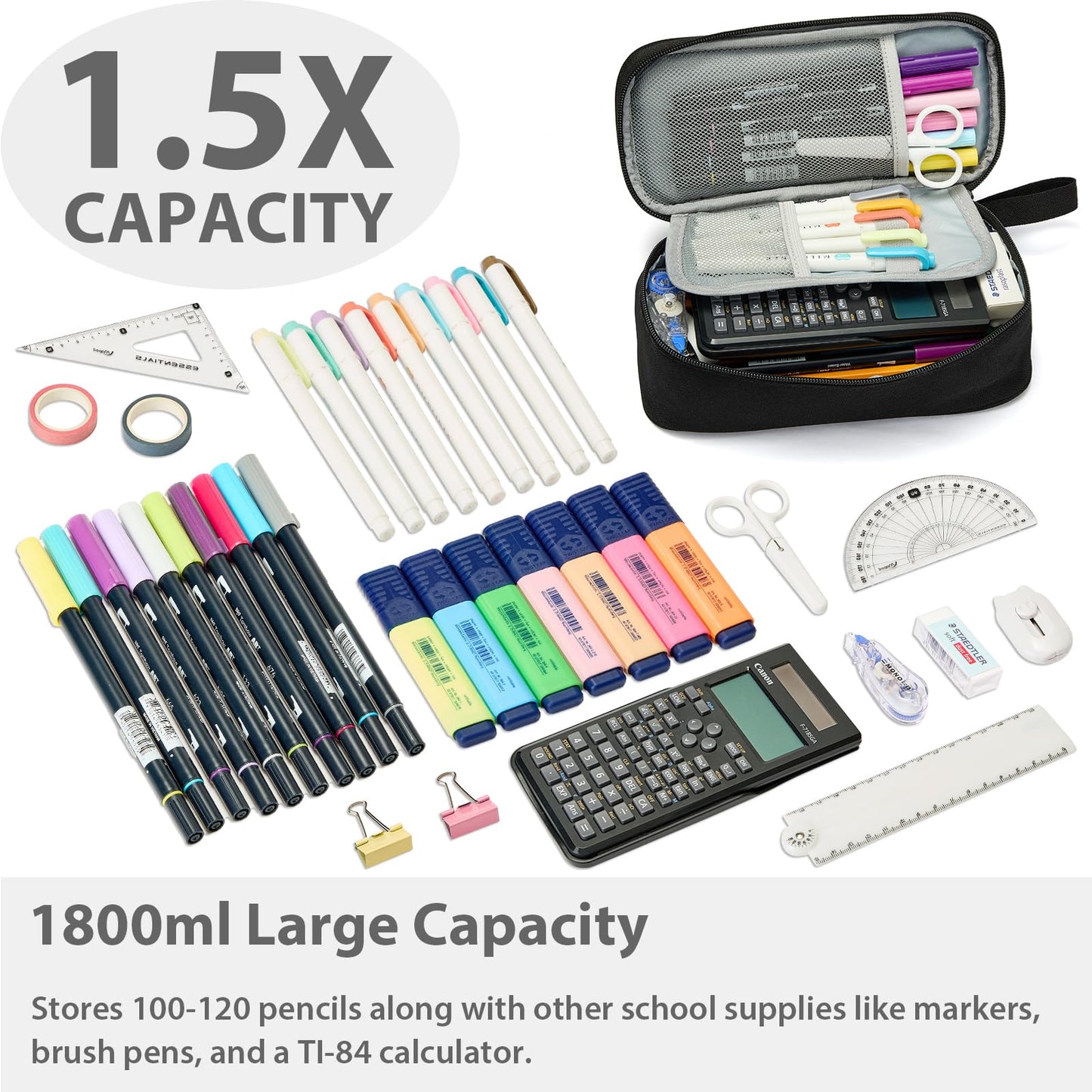 SPACEMATE Pencil Case Pouch Box Bag School Supplies Girls Boys Kids, Cute Preppy Stuff Large Big Capacity Aesthetic Pen Organizer, Back to College Stationary, Black, Classic Stlye, 1800ml