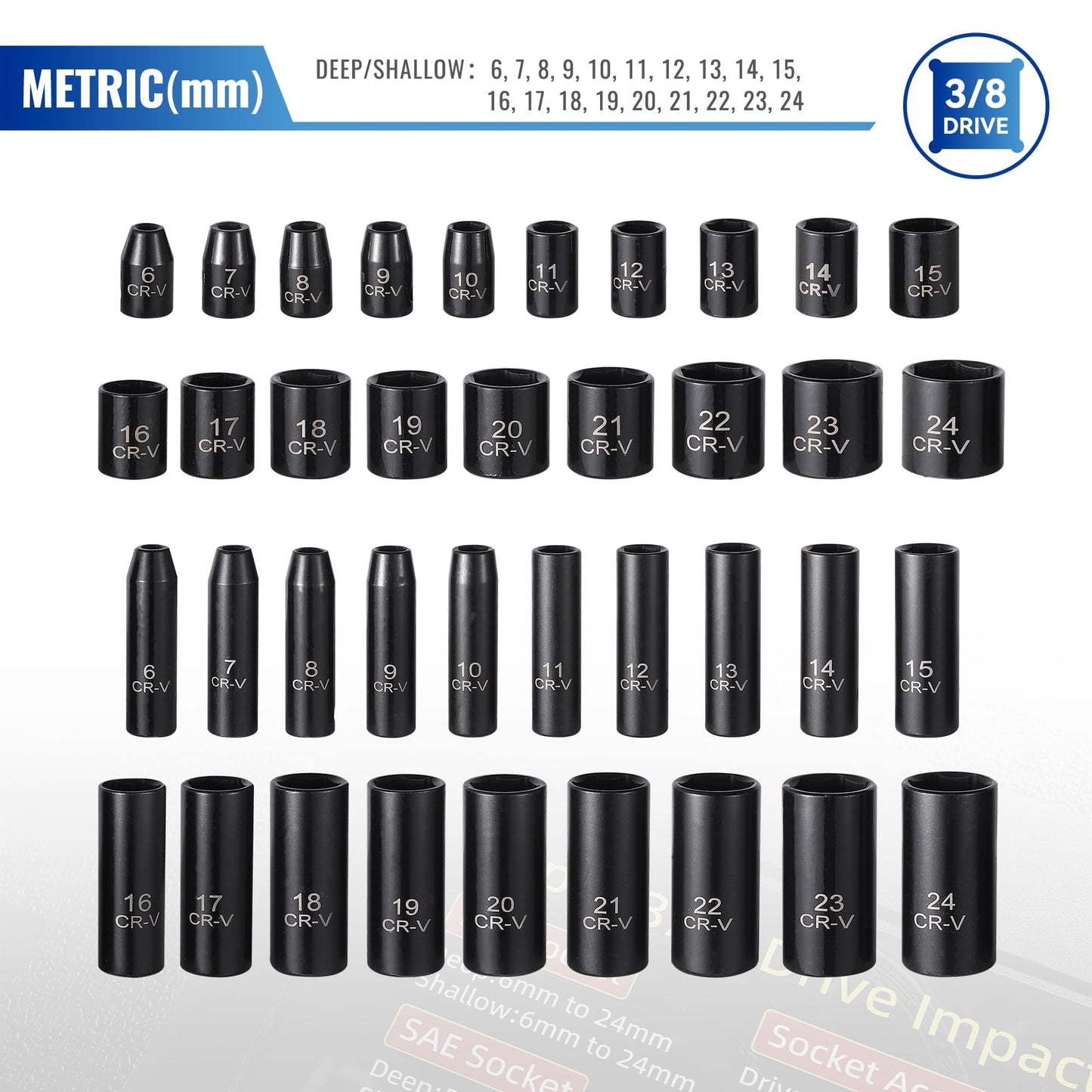 Reniteco 64-Piece 3/8" Drive Socket Set, SAE (5/16"-1") & Metric (6mm-24mm), Deep & Shallow, 72-Tooth Ratchet Wrench, Extension Bars, 1/2" F to 3/8" M Reducer, Universal Joint & Power Drill Adapter