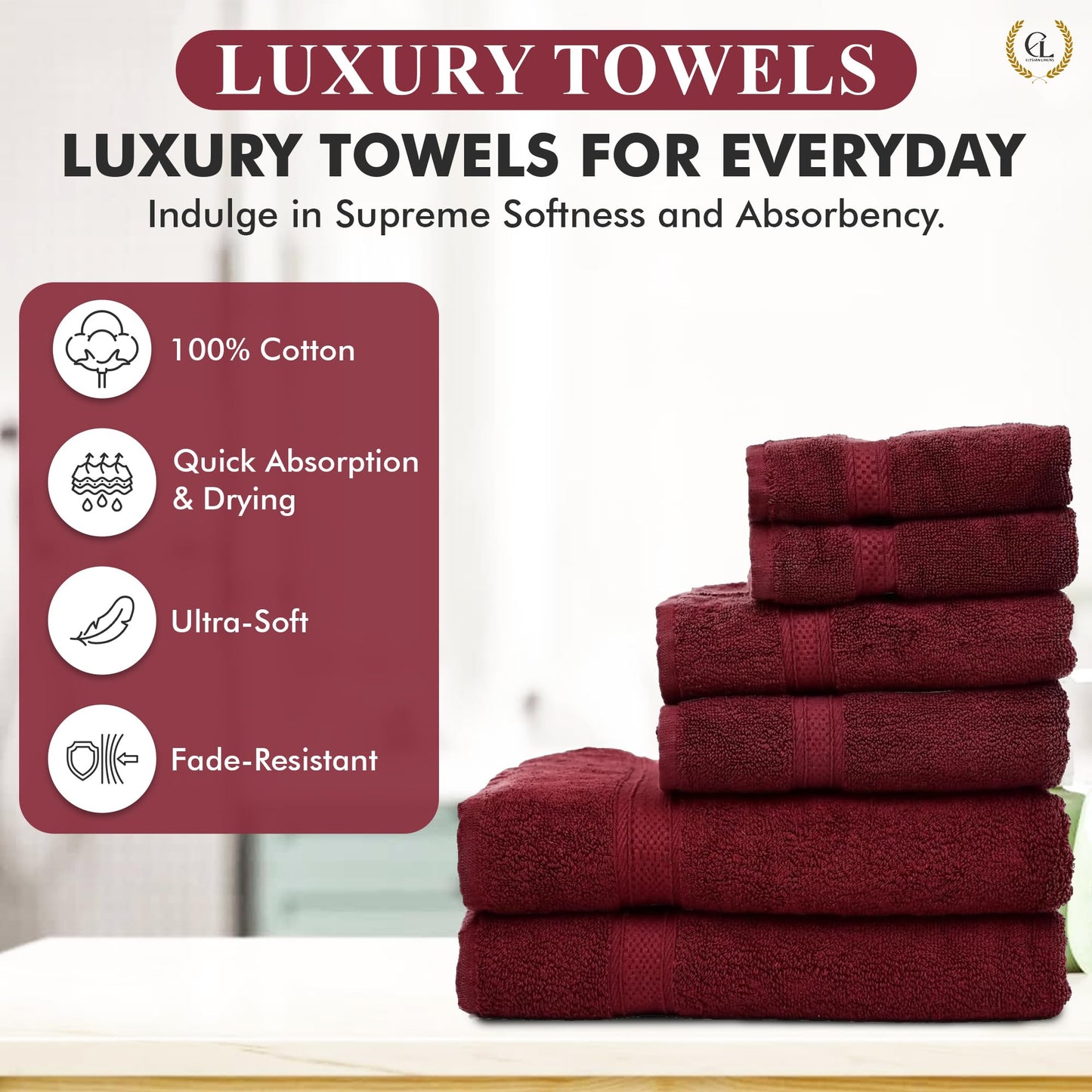 Elysian Linens Bath Towels Highly Absorbent Soft Fade Resistant 100% Cotton Bath Towels Hand Towels and Washcloth Set (Elysian Linens Crimson Comfort) 6-Piece 600 GSM