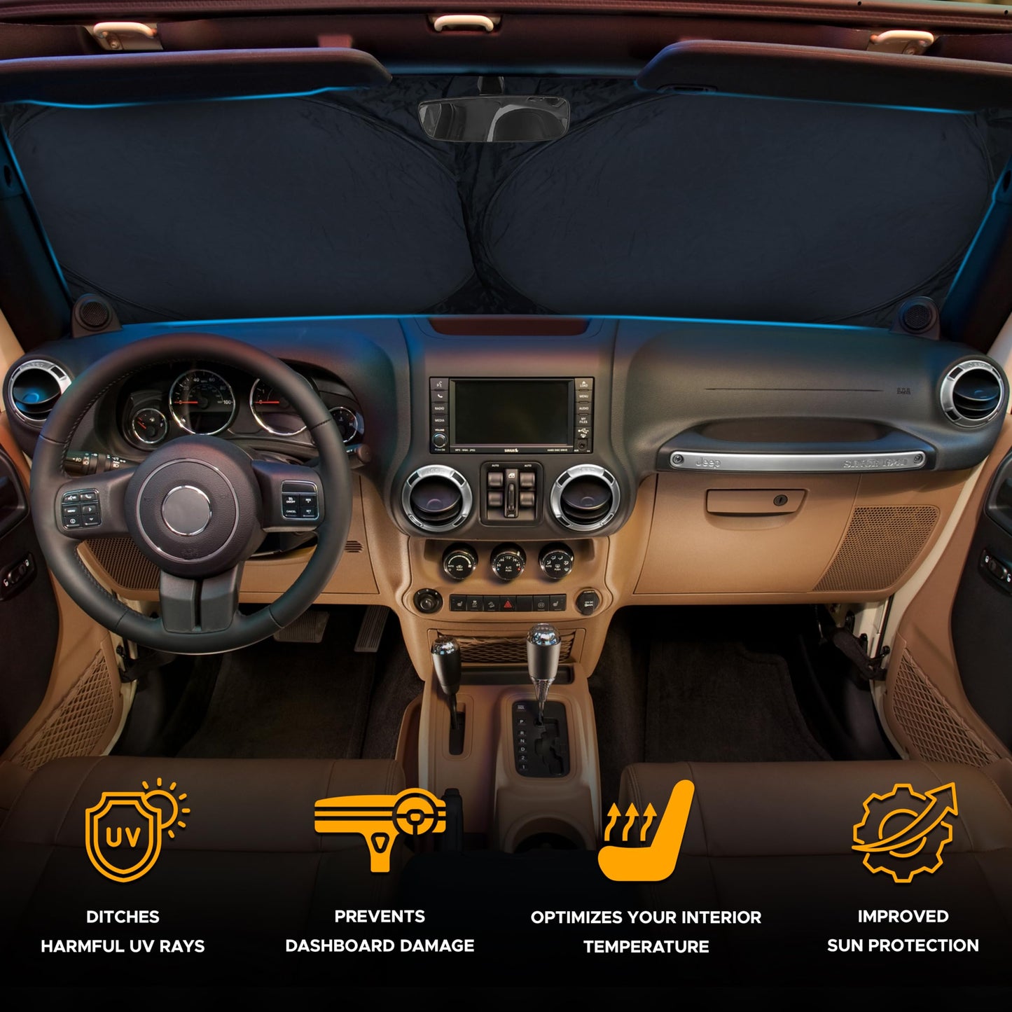 EcoNour Jeep Windshield Sunshade | Sun Visor for UV Rays & Heat Protection | Suitable for Wrangler, Compass, Gladiator & Renegade | Jeep Accessories for Wrangler & More | X-Small - 60x21 Inches