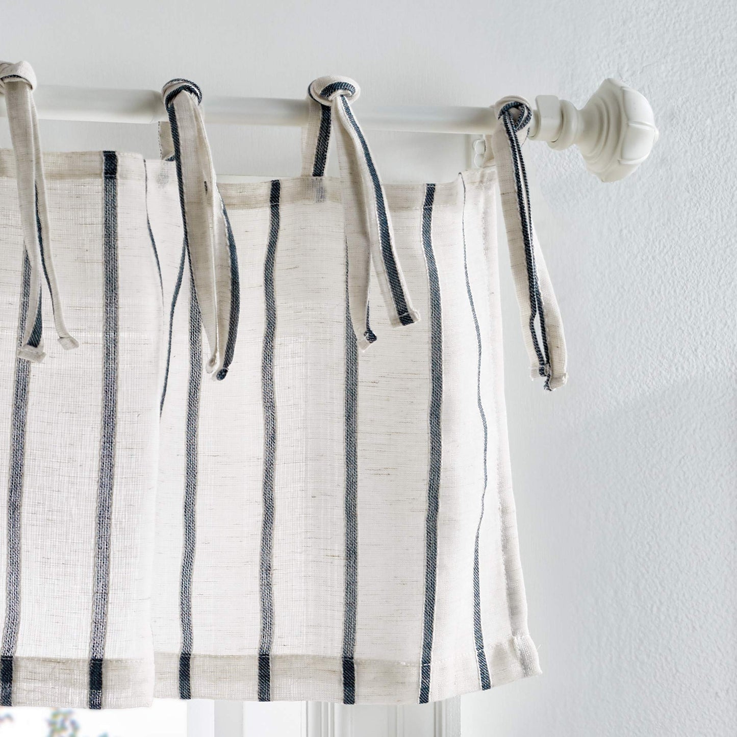 Martha Stewart Laguna Stripe Semi-Sheer Tie Tab Window Curtain Valance and Tiers Set, Navy