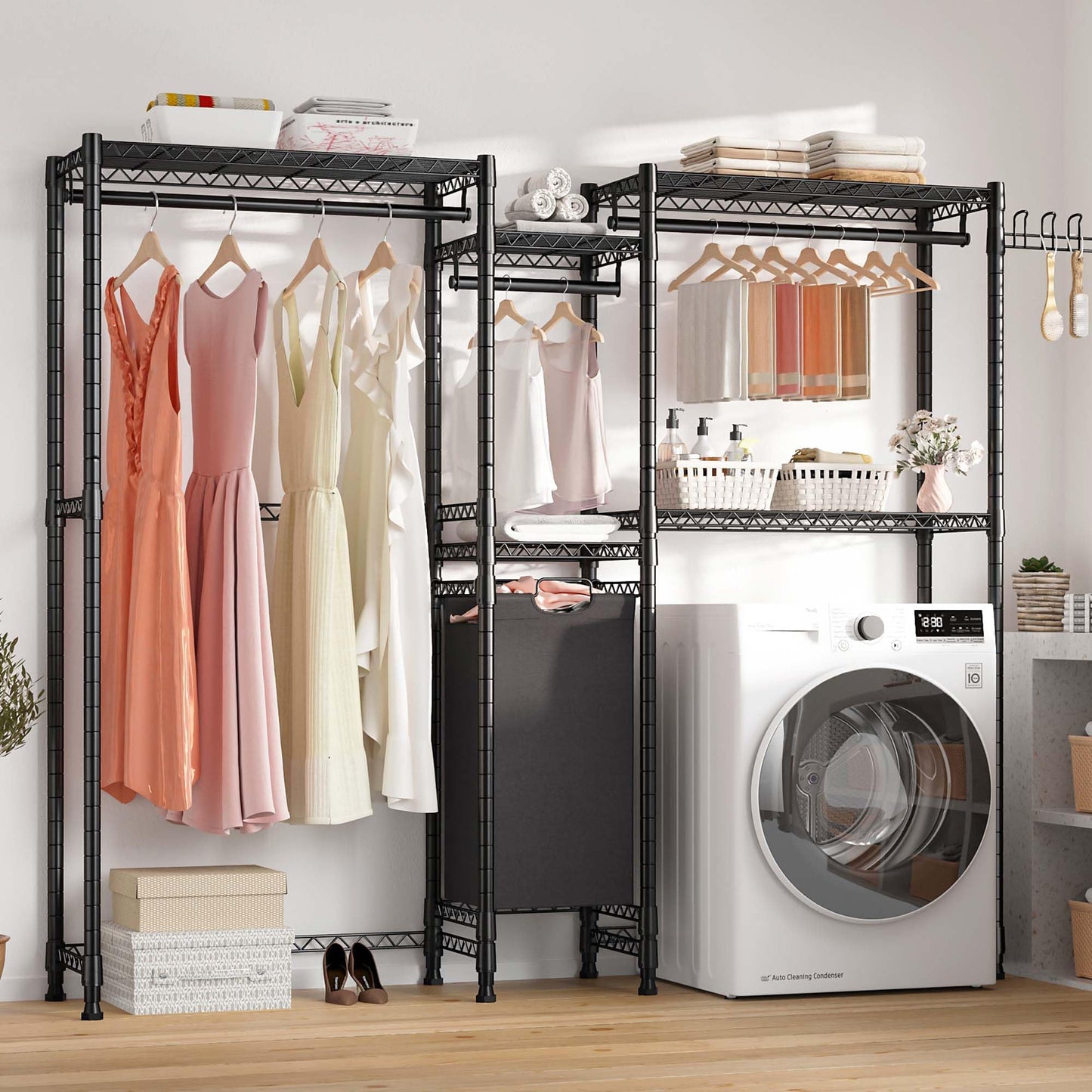 Raybee Over The Washer and Dryer Storage, Laundry Room Organization and Storage with Laundry Hamper and Hooks Washer and Dryer,17.3" D x 78.7" W x 76.4" H