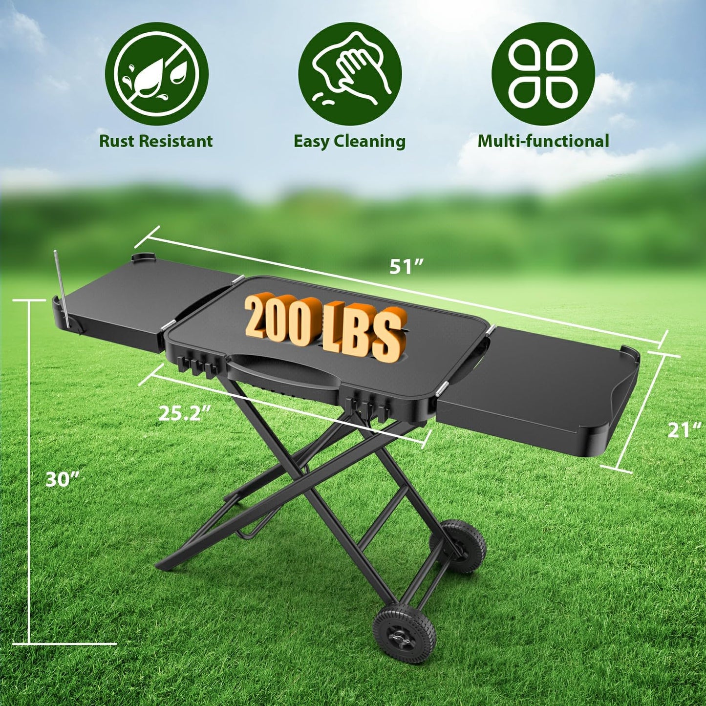 BBQMall Portable Indoor Grill Table Stand for Ninja Woodfire Outdoor Grill(OG701 OG850 OG951 Series), 51in Large Space, Folding Camping Tailgating Table for Blackstone Griddle/Onni Pizza Oven,2 Wheels