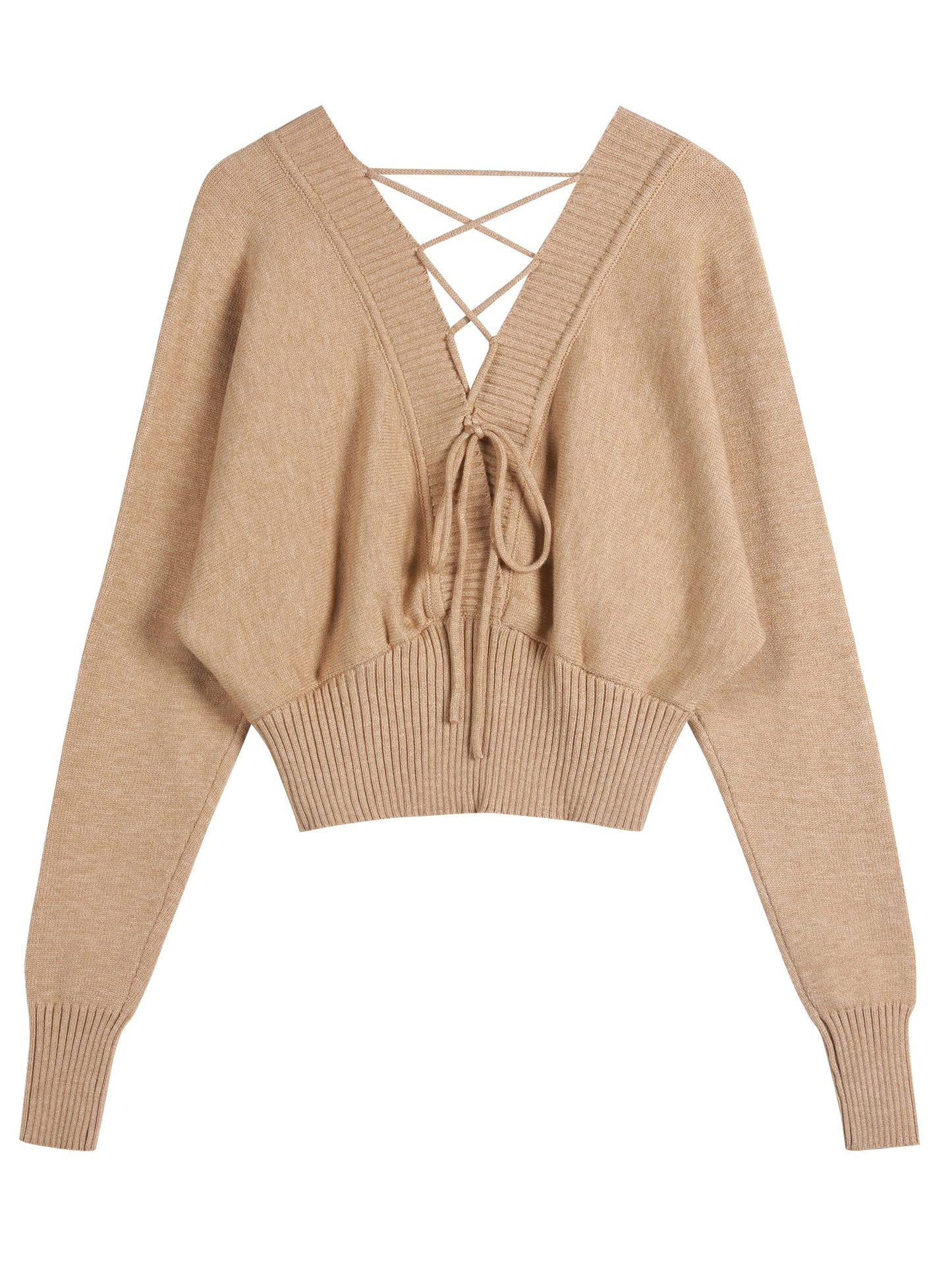 ZAFUL Women V Neck Button Knit Crop Sweaters Batwing Sleeve V Back Ribbed Hem Pullover Sweater A-Khaki