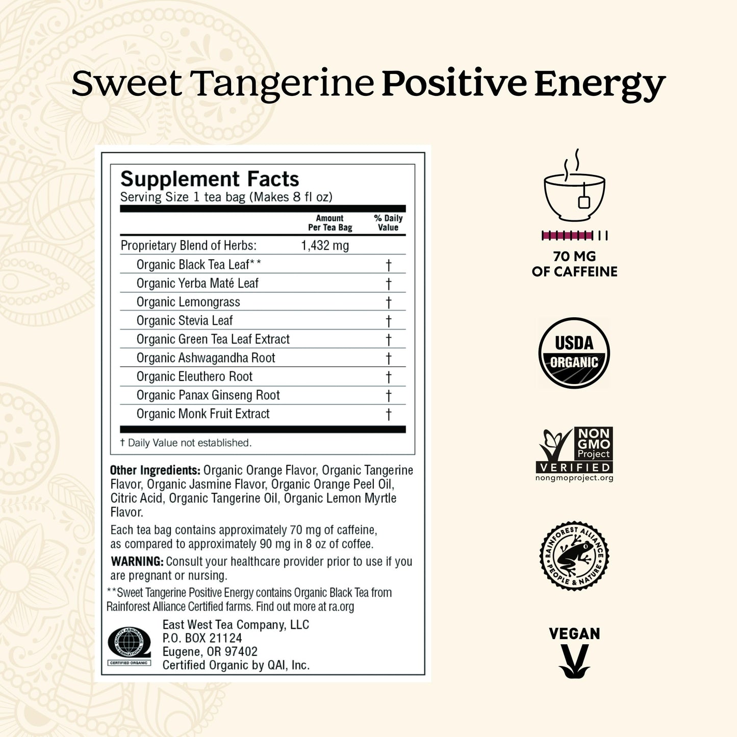 Yogi Sweet Tangerine Positive Energy Tea - 16 Tea Bags per Pack (6 Packs) - Organic Tangerine Energy Tea - Includes Black Tea Leaf, Yerba Mate Leaf, Ashwagandha Root & More