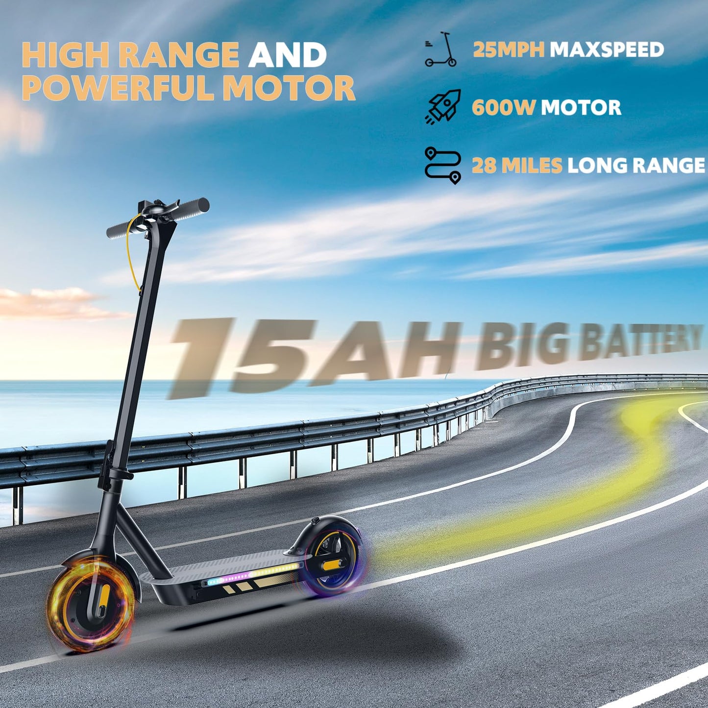 Electric Scooter for Adults, 15Ah Battery 28 Miles Range, 600W Motor, 10" Tires, Folding E Scooter with Drum Braking System, Smart APP Control