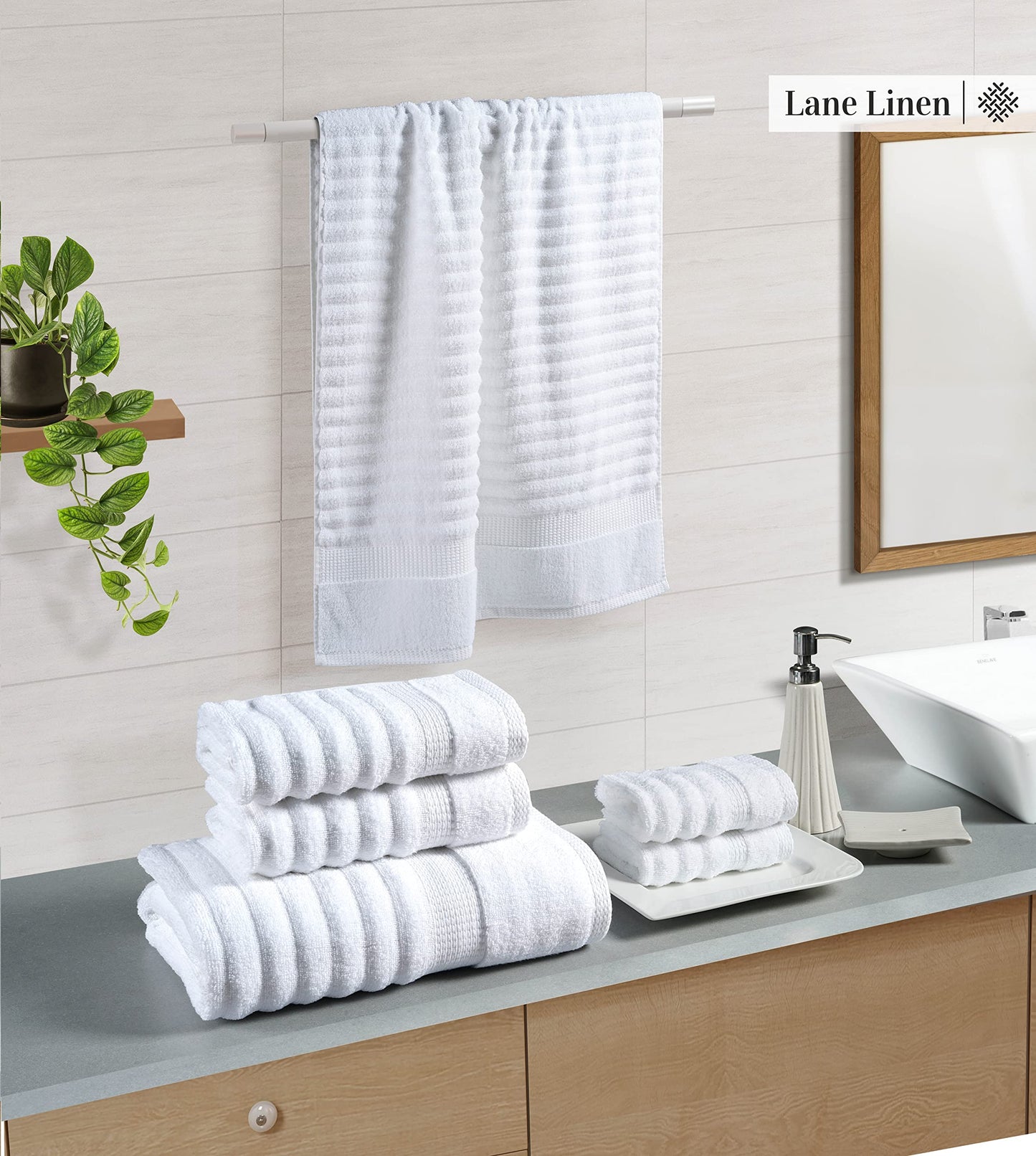LANE LINEN White Bath Towels Set of 6-100% Cotton Towels for Bathroom, Hotel & Spa - Zero Twist, Premium Quality, Soft, Absorbent, Ribbed Bathroom Towel Set - Includes 2 Bath, 2 Hand & 2 Washcloths