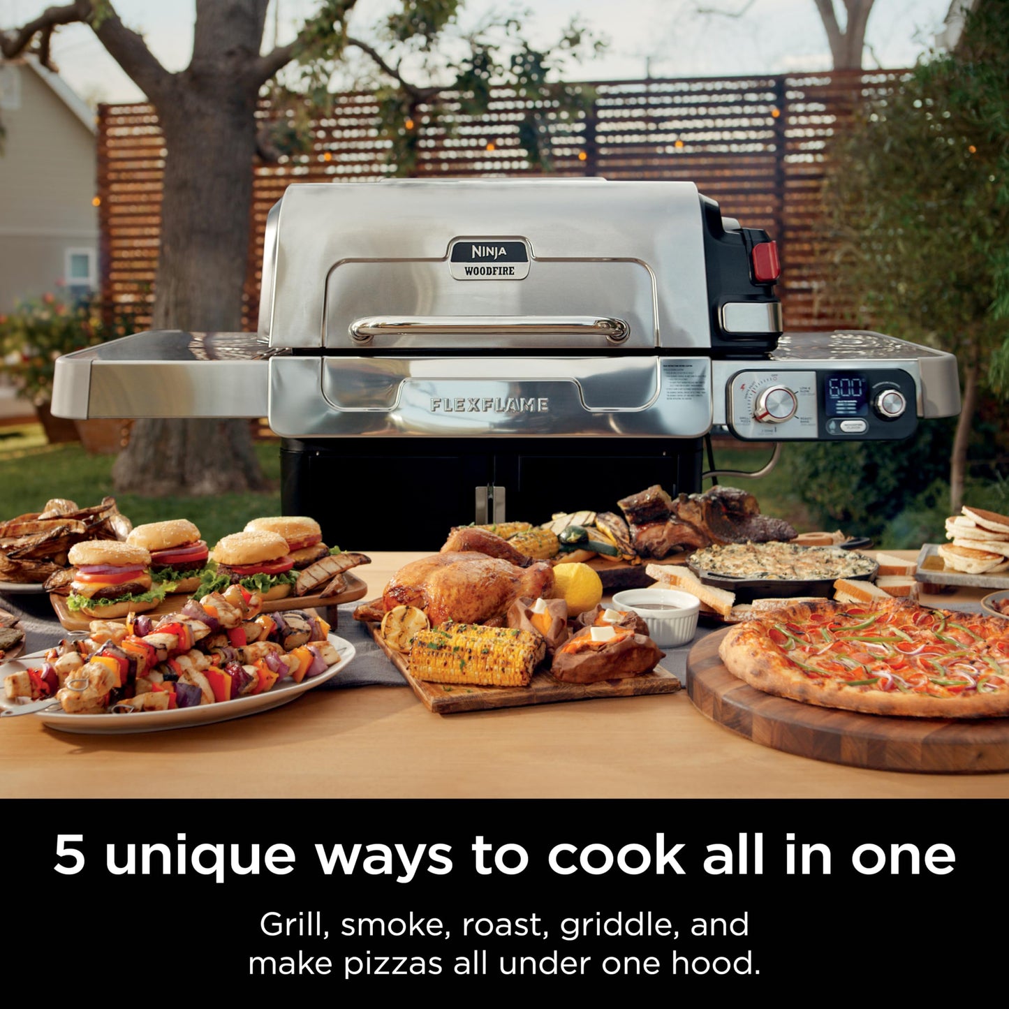 Ninja FlexFlame, Grill and Smoker, Electric and Propane Grill, Roaster, BBQ Grill, 5-in-1 Cooking System, 3 Burner, Digital Control, Outdoor Cooking, Griddle, Pizza Maker, Stainless Steel, PG301