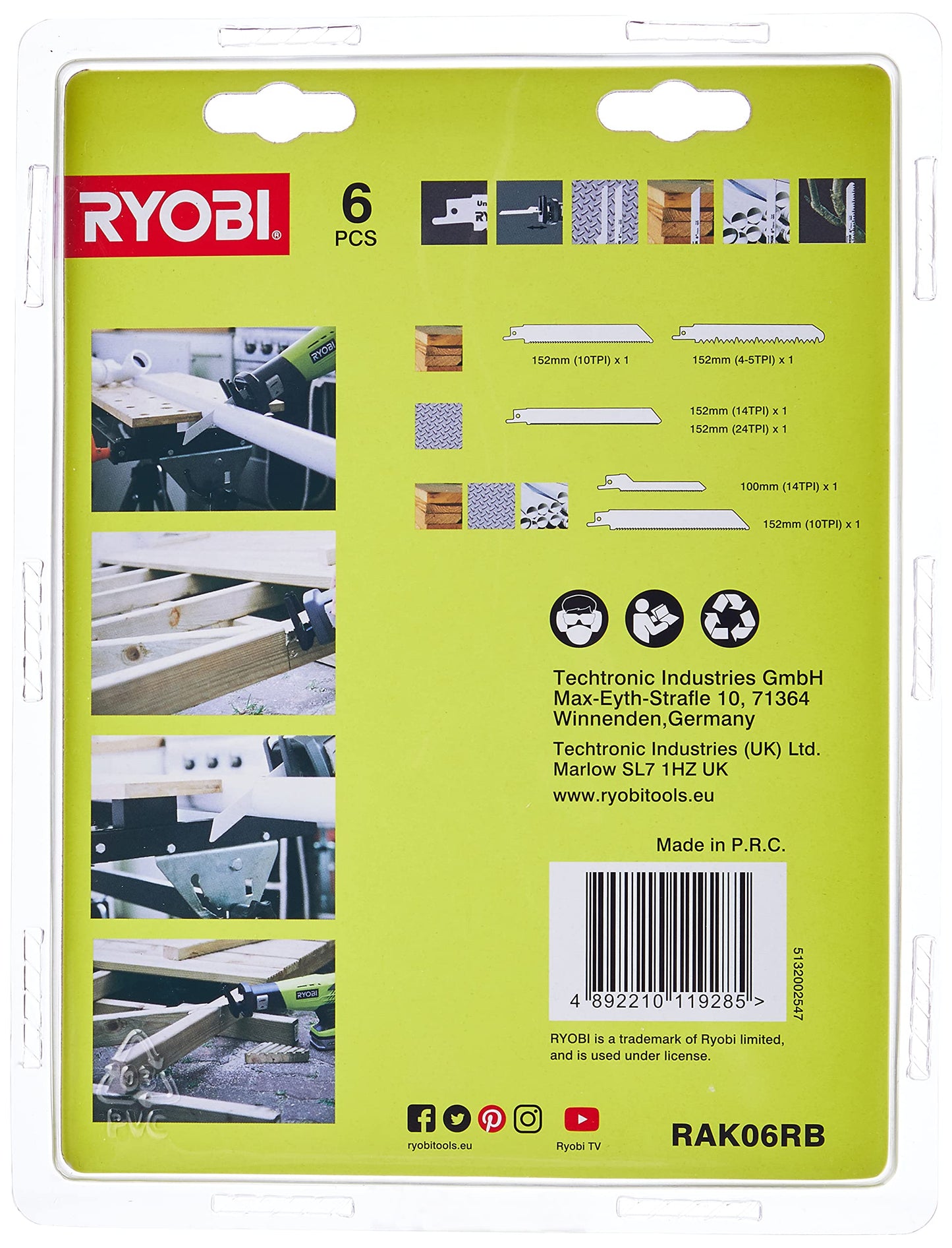 Ryobi RAK06RB Reciprocating Saw Blade Set, 6 Piece