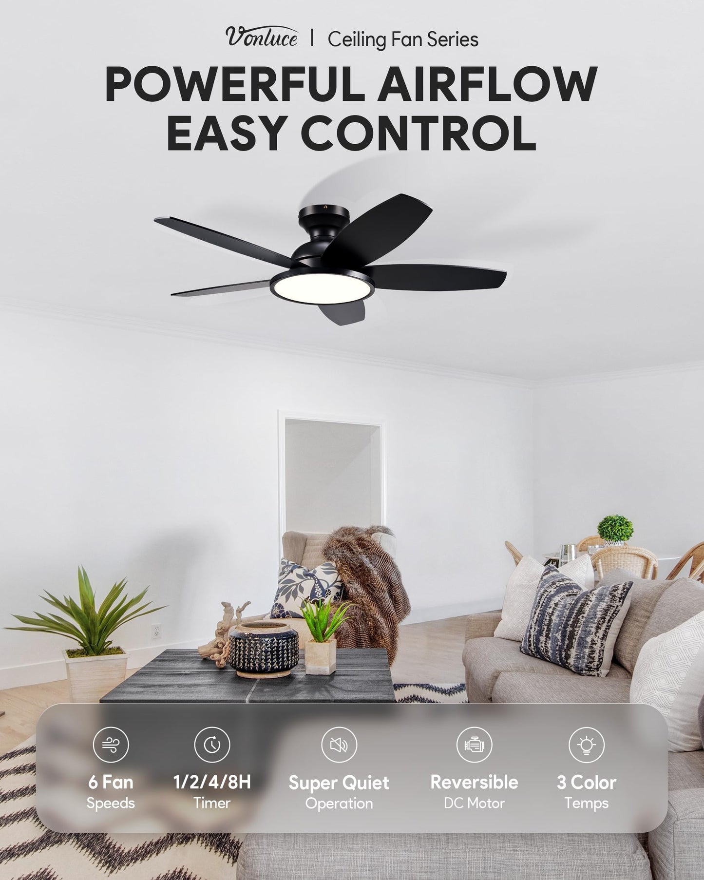 VONLUCE Ceiling Fans with Lights, 42 Inch Ceiling Fan and Remote, Full-spectrum LED Light, 3CCT, 6-Speeds Noiseless Reversible DC Motor, Modern Flush Mount Ceiling Fan for Farmhouse Bedroom Indoor