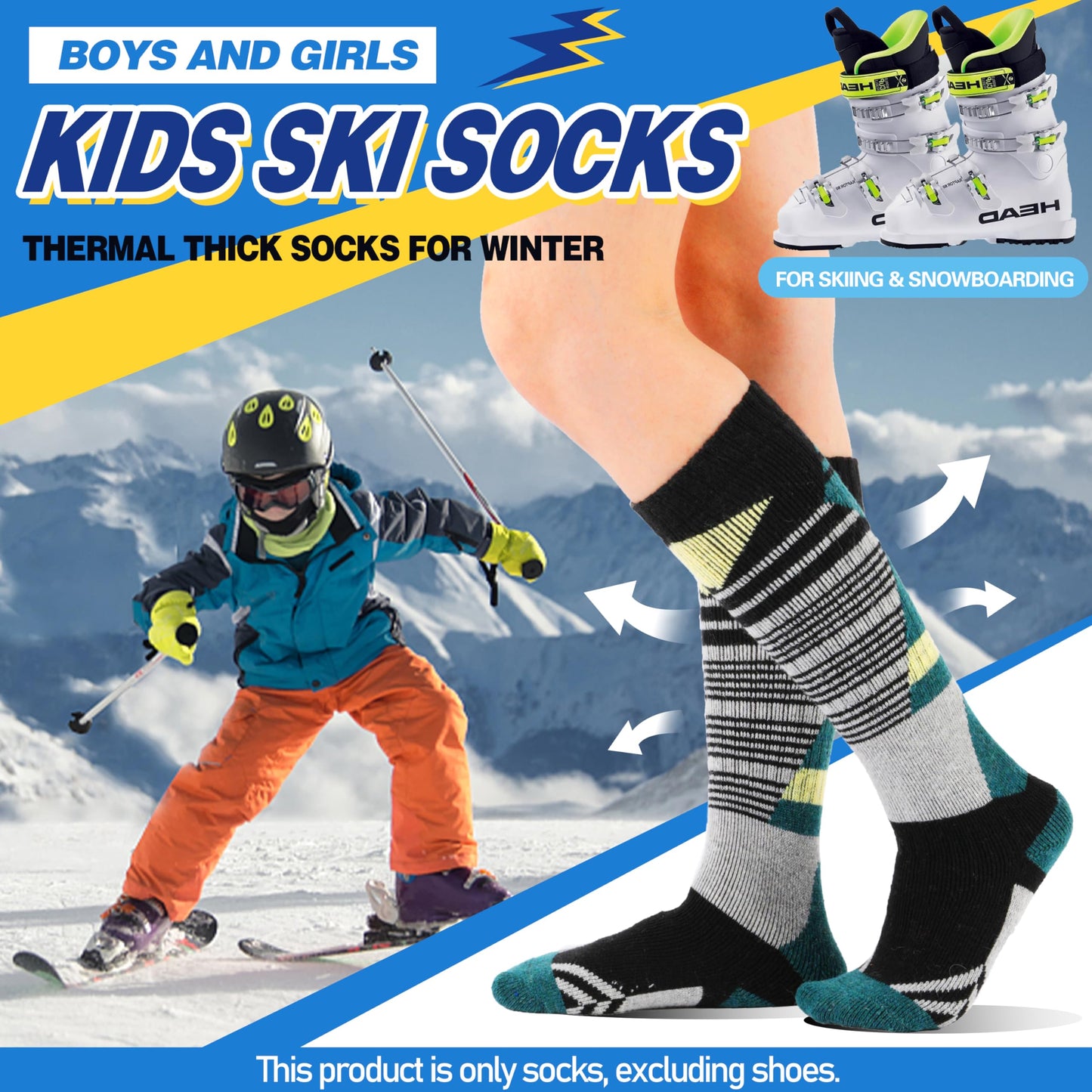 ANTSANG Kids Merino Wool Ski Socks for Boys Girls Teen Thermal Warm Thick Winter Hiking Knee High Socks Stocking Stuffers for Snowboarding Skiing(Assorted A,4-7 Y)