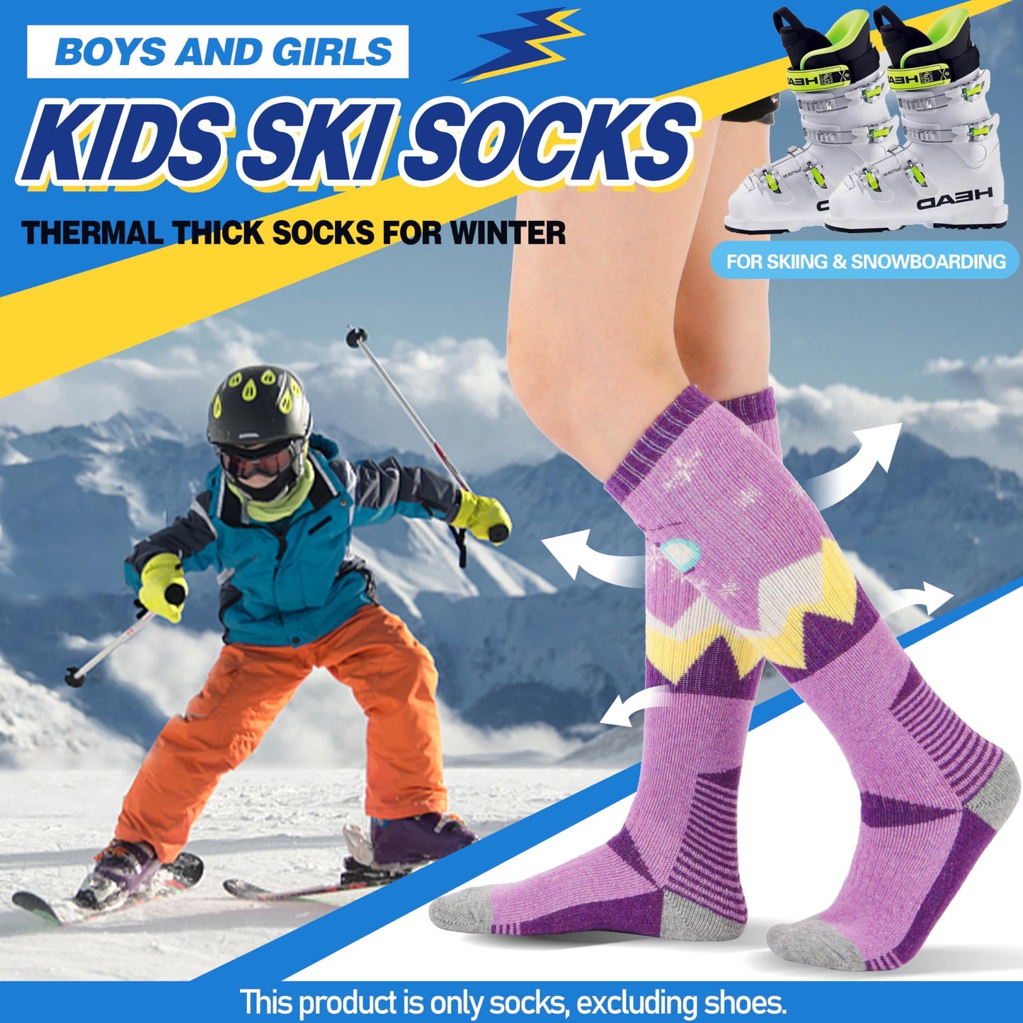 ANTSANG Kids Merino Wool Ski Socks for Girls Boys Teen Thermal Thick Warm Winter Hiking Knee High Stocking Stuffers Socks for Skiing Snowboarding(Skate B,8-12 Y)