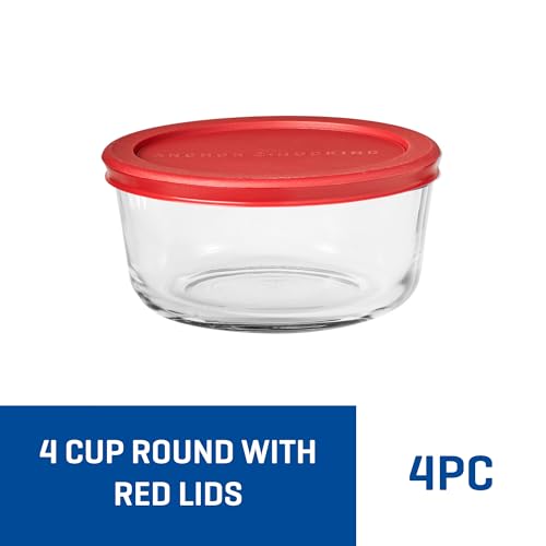Anchor Hocking SnugFitTM Round Food Storage Containers with Lids (4-Piece, 4-cup, Red, oven-safe)