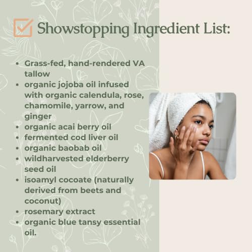 Hearth and Homestead: Handmade Wild Bloom Bio-Active Tallow Face Balm/Cream with Blue Tansy - Hydrate, Nourish, and Protect Skin - .7 oz