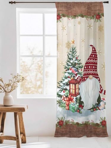 Christmas Sheer Curtains 84 inches Long, Xmas Dwarfs Pine Tree Snowflakes Yellow Wood Grain Rod Pocket Voile Drapes Light Filtering Window Treatment Curtains for Living Room/Bedroom, 52 x 84IN