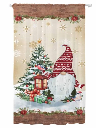 Christmas Sheer Curtains 84 inches Long, Xmas Dwarfs Pine Tree Snowflakes Yellow Wood Grain Rod Pocket Voile Drapes Light Filtering Window Treatment Curtains for Living Room/Bedroom, 52 x 84IN