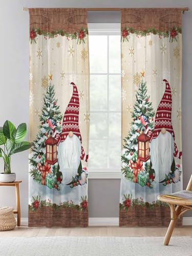 Christmas Sheer Curtains 84 inches Long, Xmas Dwarfs Pine Tree Snowflakes Yellow Wood Grain Rod Pocket Voile Drapes Light Filtering Window Treatment Curtains for Living Room/Bedroom, 52 x 84IN
