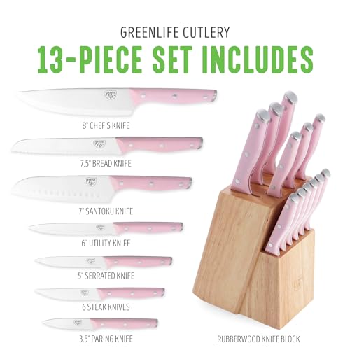 GreenLife High Carbon Stainless Steel 13 Piece Wood Knife Block Set with Chef Steak Knives and more, Comfort Grip Handles, Triple Rivet Cutlery, Soft Pink