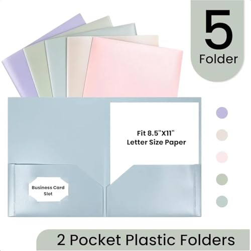 Folder Plastic Folders with Pockets Pack of 5 Muted Pastel Colors Heavy Duty 2 Pocket File Letter Size Pocket