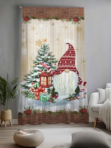 Christmas Sheer Curtains 84 inches Long, Xmas Dwarfs Pine Tree Snowflakes Yellow Wood Grain Rod Pocket Voile Drapes Light Filtering Window Treatment Curtains for Living Room/Bedroom, 52 x 84IN