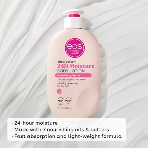 eos Shea Better Body Lotion- Strawberry Dream, 24-Hour Moisture Skin Care, Lightweight & Non-Greasy, Made with Natural Shea, Vegan, 16 fl oz