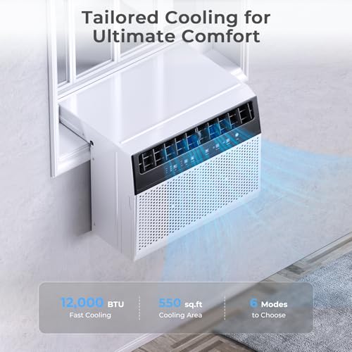 U-shaped Window Air Conditioner, 12000 BTU Window AC Unit Cools Up 550 Sq.ft, Saddle Air Conditioner Window Unit with Cooling, Dehumidifier and 3 Fan Speeds, 24-hour Timer, Installation Kit