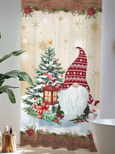 Christmas Sheer Curtains 84 inches Long, Xmas Dwarfs Pine Tree Snowflakes Yellow Wood Grain Rod Pocket Voile Drapes Light Filtering Window Treatment Curtains for Living Room/Bedroom, 52 x 84IN