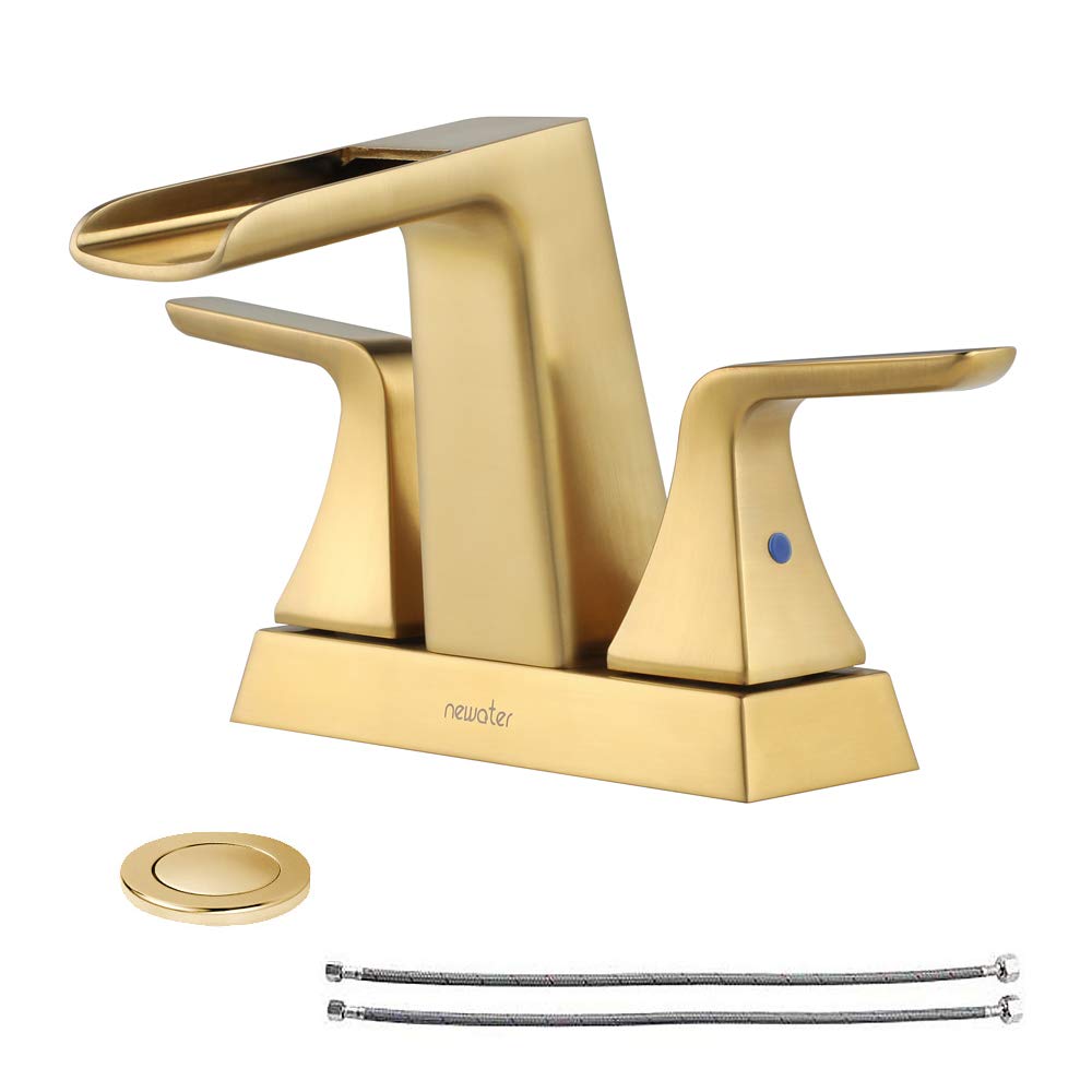 NEWATER Bathroom Faucet 4-inch Centerset Two-Handle Deck Mounted, Waterfall Bathroom Sink Faucet with Metal Pop-Up Drain & Supply Lines, Brushed Gold for Vanity/Vessel Sink