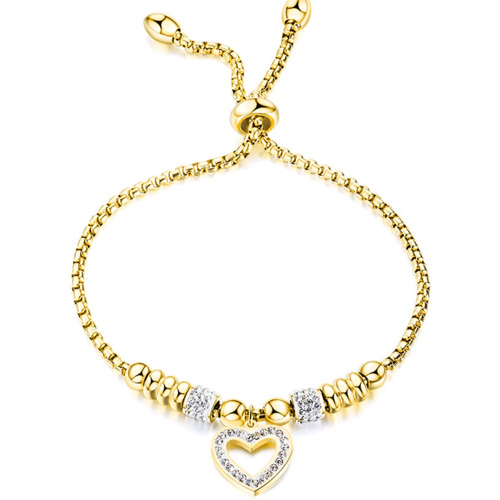Jude Jewelers Stainless Steel Heart Charm Adjustable Size Beaded Strand Style Wedding Statement Holiday Bracelet (Gold)