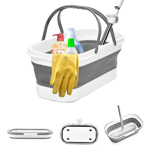 Collapsible Mop Bucket Basin Tub with Handle and Wheels, 12L (3.2 Gallon) Foldable Small Plastic Container for Household Cleaning, Car Washing, Portable Basket Bin Tool for Storage Organizer, Grey