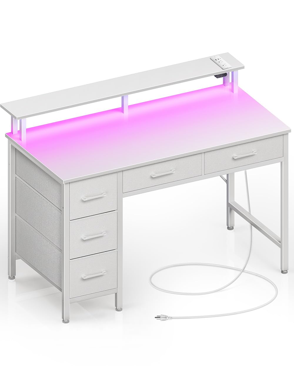 Seventable Computer Desk with Power Outlets & LED Light, 39 inch Home Office Desk with 5 Drawers, Writing Desk with Monitor Stand, Work Desk for Home Office, White