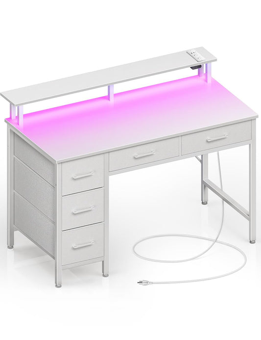 Seventable Computer Desk with Power Outlets & LED Light, 39 inch Home Office Desk with 5 Drawers, Writing Desk with Monitor Stand, Work Desk for Home Office, White