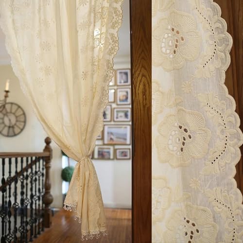 Window Curtains, Blackout Curtains Kitchen Window Beige Cotton Linen Embroidery with Flower Pattern Drapes 1 Panel Rod Pocket 50" W x 51" L