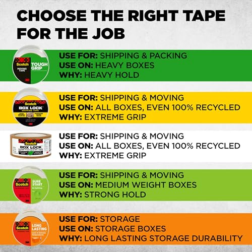 Scotch Tough Grip Packing Tape, Clear, Moving Tape That Secures Boxes up to 80 Pounds, Holiday Shipping Tape for Large Boxes, 1.88 in. x 22.2 yd., 6 Tape Rolls with Dispensers