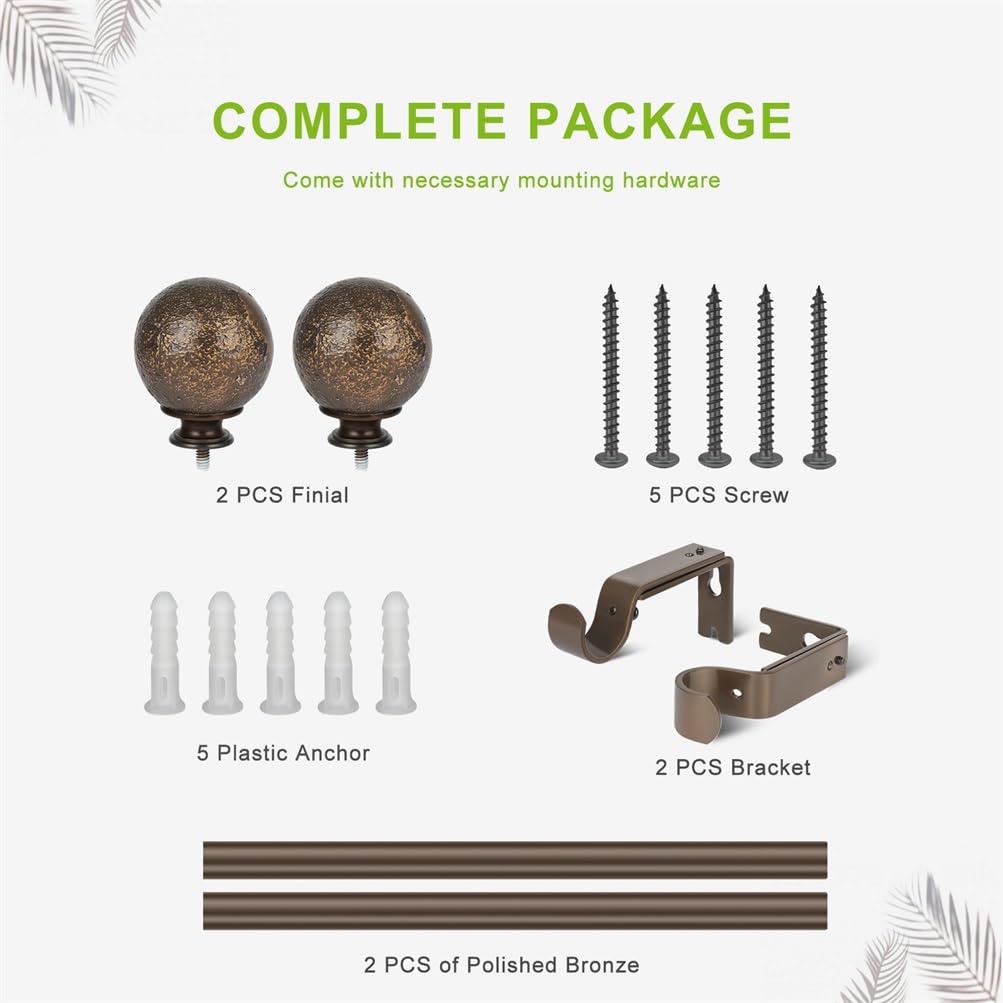 SCITOO 1 Inch Curtain Rod Telescoping Single Drapery Rod 36 to 72 Inches (3-6 Feet), Polished Bronze Curtain Rods for Windows 24 to 68 Inches, Antique Finial