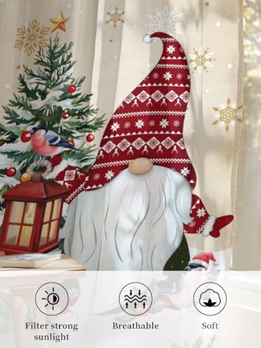 Christmas Sheer Curtains 84 inches Long, Xmas Dwarfs Pine Tree Snowflakes Yellow Wood Grain Rod Pocket Voile Drapes Light Filtering Window Treatment Curtains for Living Room/Bedroom, 52 x 84IN