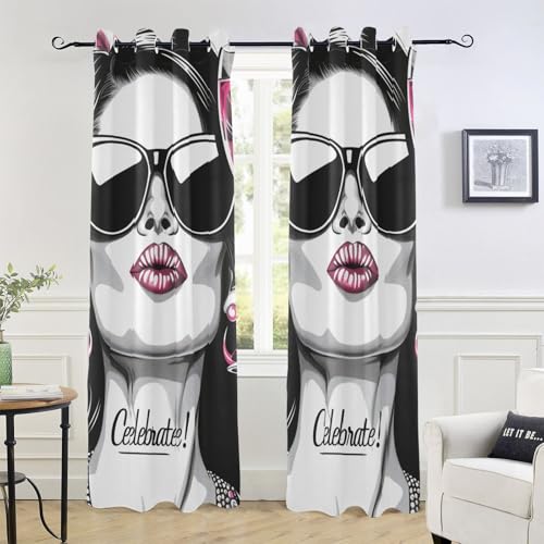 tplaotee Black and White Illustration Celebrate Black Out Curtain Curtains for Bedroom Living Room 84 inches Length Blackout Blinds Room Darkening Curtains Size 52x84 in