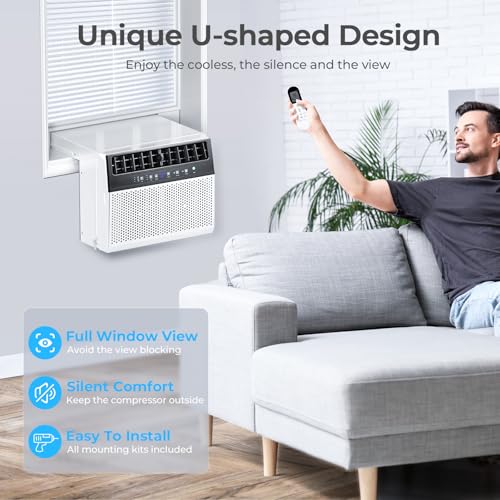 U-shaped Window Air Conditioner, 12000 BTU Window AC Unit Cools Up 550 Sq.ft, Saddle Air Conditioner Window Unit with Cooling, Dehumidifier and 3 Fan Speeds, 24-hour Timer, Installation Kit