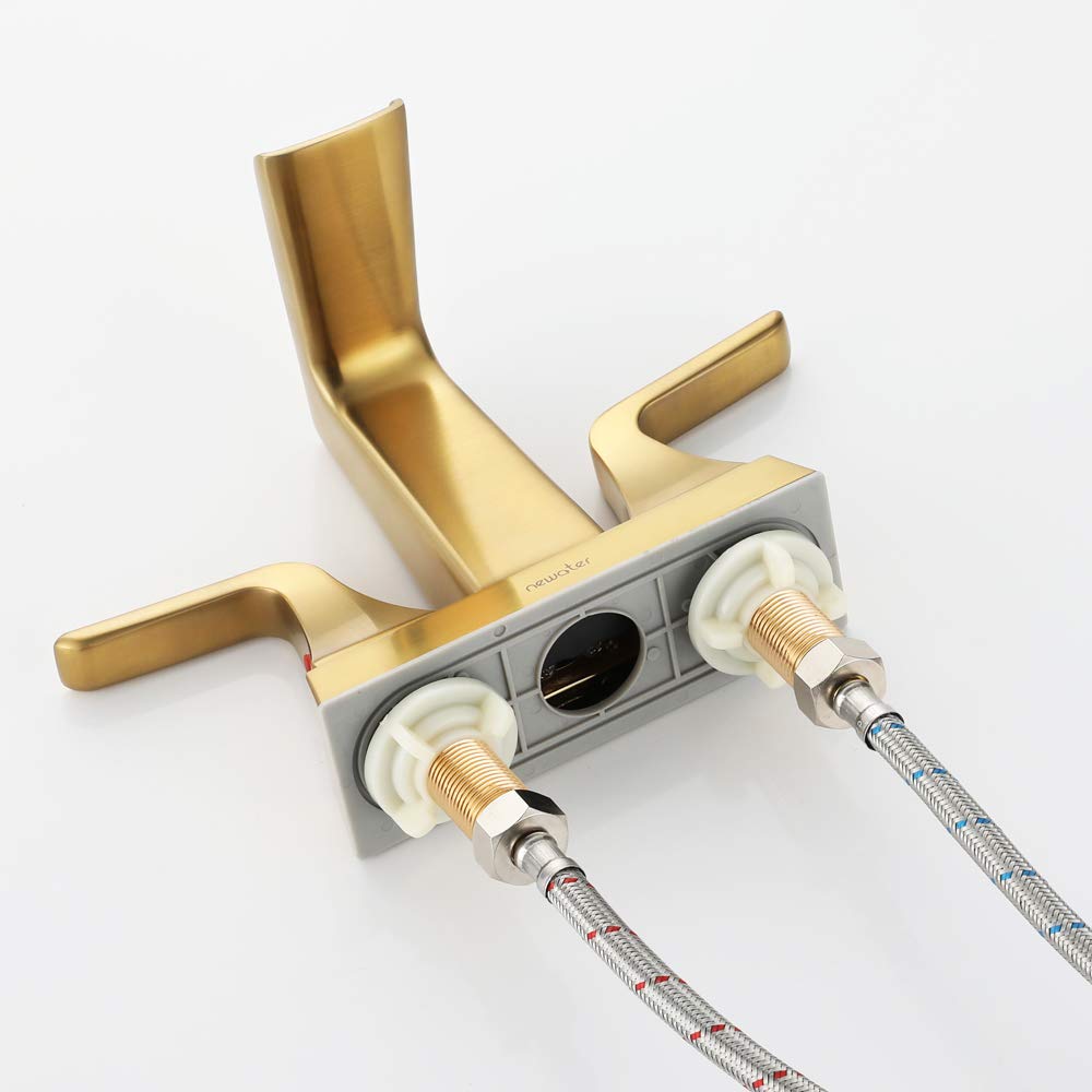 NEWATER Bathroom Faucet 4-inch Centerset Two-Handle Deck Mounted, Waterfall Bathroom Sink Faucet with Metal Pop-Up Drain & Supply Lines, Brushed Gold for Vanity/Vessel Sink