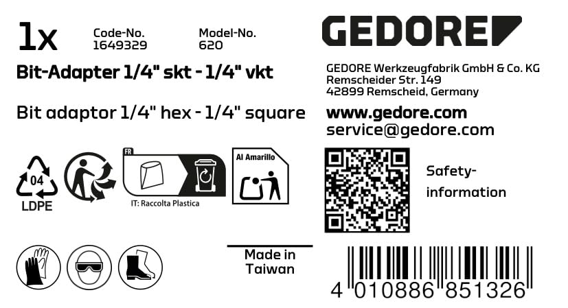 Gedore 1649329 620 Bit Adaptor, 1/4" Square to 1/4" Hex