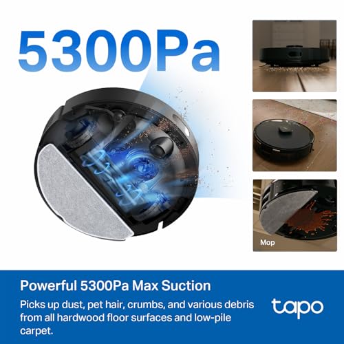Tapo LiDAR Smart Navigation Robot Vacuum and Mop, 5300Pa Max, 97%+ Dust Pickup Rate, Customizable Cleaning, Self-Charging, Works w/Alexa & Google Home, RV30 Max