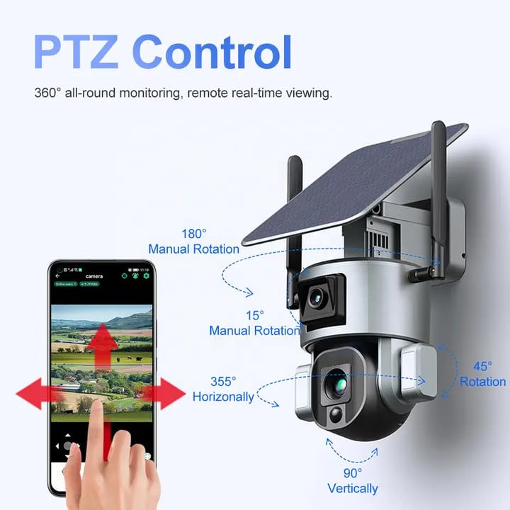 ESOE Y5-4K Solar Security Camera Dual Lens, Wireless Outdoor 360° PTZ with AI Human Auto Tracking, 20000mAh Battery, 2.4G/4G LTE, No Monthly Fee, Color Night Vision (WiFi, 20X Zoom)
