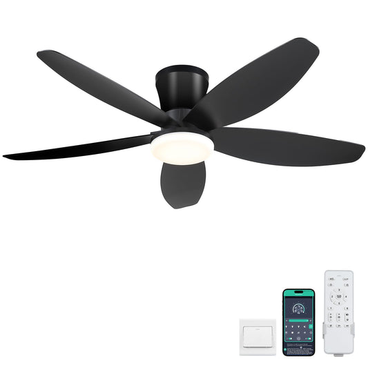 Surtime 42" Ceiling Fans with Lights-Low Profile Ceiling Fan with Light and Remote/APP Control,Flush Mount,DC Reversible,LED Dimmable Black Ceiling Fans for Bedroom,Indoor/Outdoor Patio Use