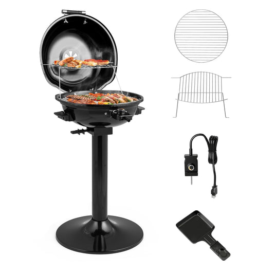 ARLIME Outdoor Electric Grill 1600W, Stand BBQ Grill w/Warming Rack for 15-Serving, Adjustable Temperature, Removable Greqase Tray, Portable Barbecue Grill for Camping Party Balcony Garden (Black)