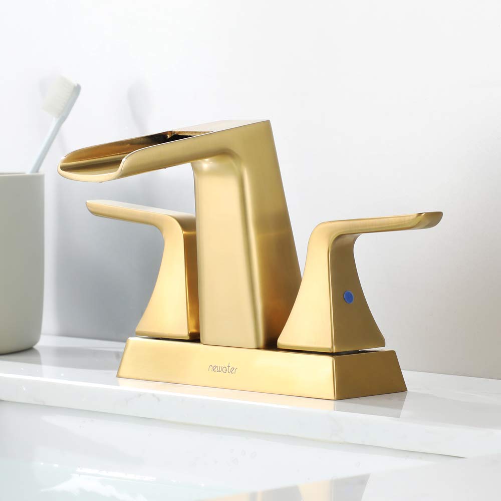 NEWATER Bathroom Faucet 4-inch Centerset Two-Handle Deck Mounted, Waterfall Bathroom Sink Faucet with Metal Pop-Up Drain & Supply Lines, Brushed Gold for Vanity/Vessel Sink
