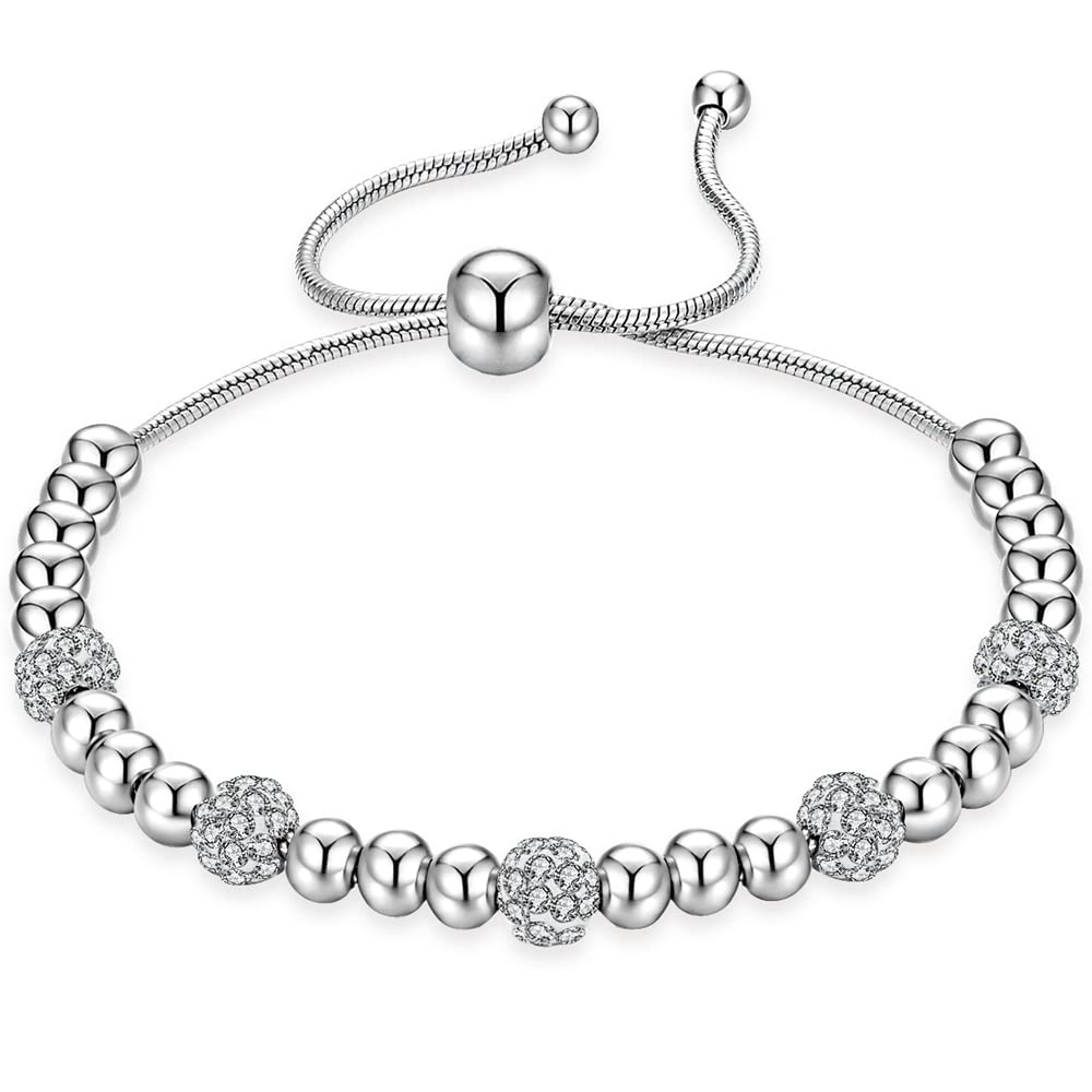 Jude Jewelers Stainless Steel Cubic Zircon Beads Adjustable Size Holiday Wedding Birthday Statement Anniversary Valentines Bracelet (Silver)