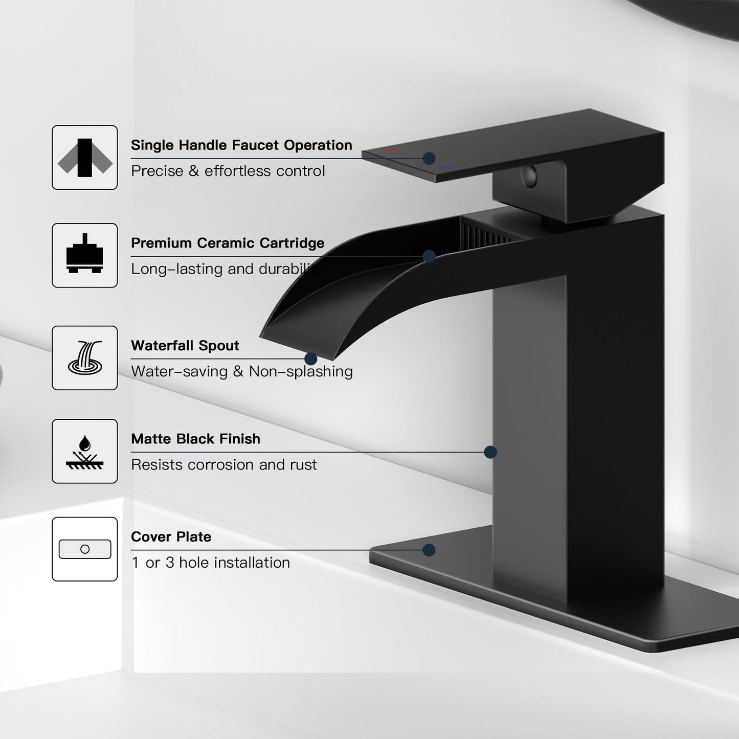 Kroias Matte Black Waterfall Bathroom Faucet 1 Hole or 3 Hole, Single Handle Rv Bathroom Sink Faucet with Pop Up Drain, Bathroom Vanity Faucet with cUPC Supply Hose and Deck Plate